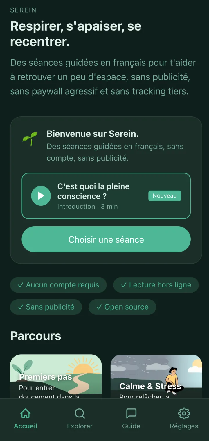 Écrans de l'application Serein