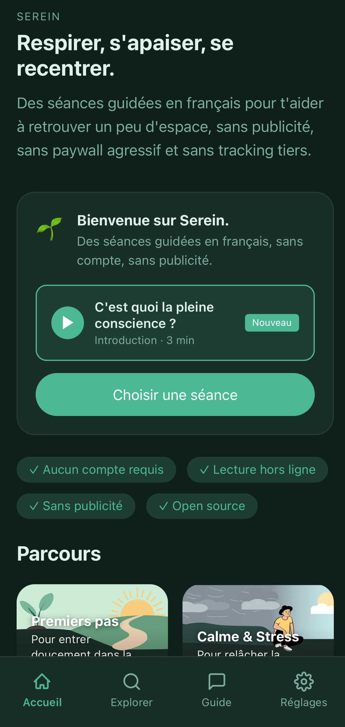 Écrans de l'application Serein